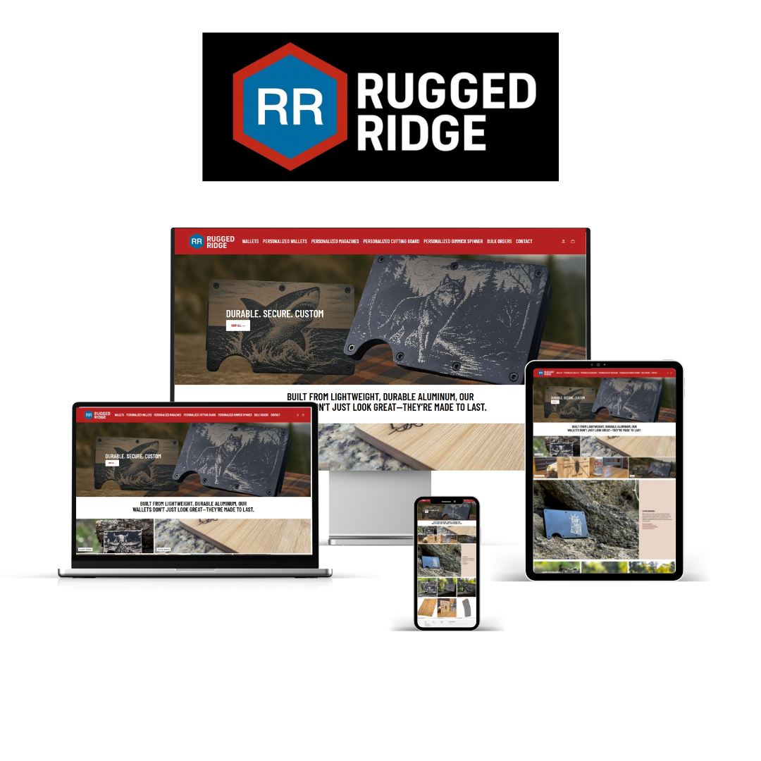Rugged Ridge Designs custom Shopify store displayed on desktop, laptop, tablet, and mobile devices, showcasing durable aluminum wallet product and responsive eCommerce website design by CloudnBugs.