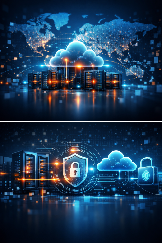 Illustration of cloud infrastructure and global network supporting website performance