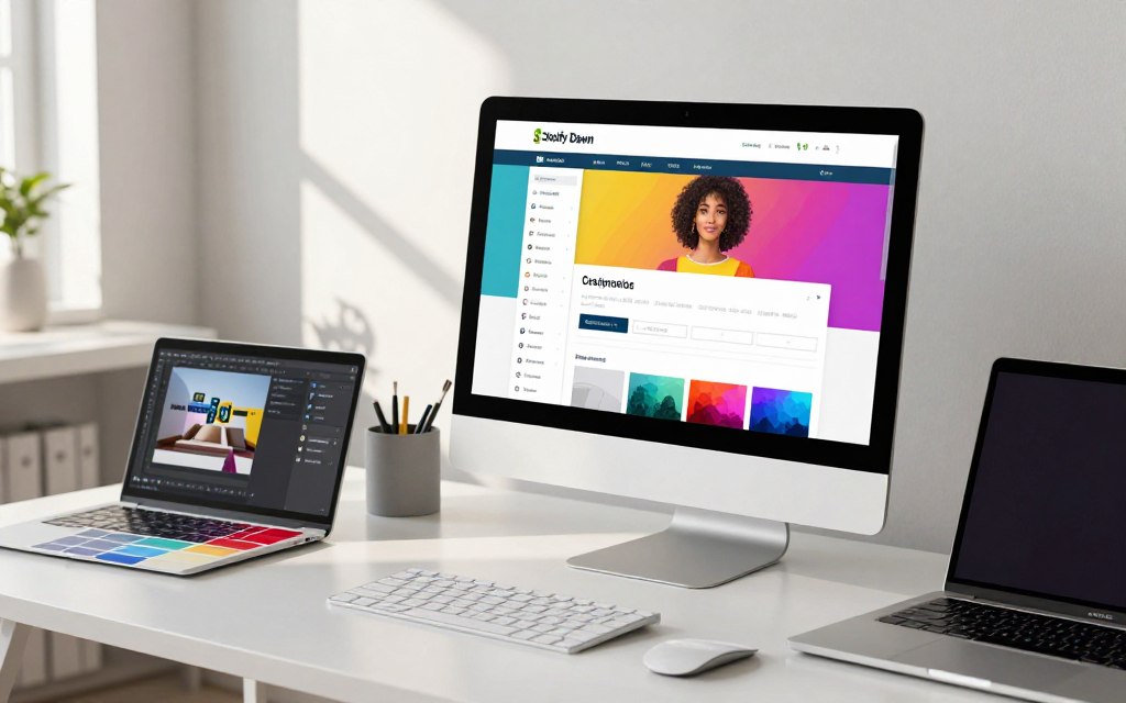 A modern e-commerce workspace showcasing a computer screen displaying the Shopify Dawn theme navigation customization interface. In the foreground, a well-organized desk cluttered with design tools, color swatches, and a laptop. The middle ground features the computer with a bright, vibrant screen showing various customization options like menu layouts, fonts, and color palettes. In the background, a minimalist office ambiance with soft natural light streaming in from a window, casting gentle shadows. The scene conveys a professional yet inviting atmosphere, emphasizing creativity and innovation in online store design. The angle is slightly tilted down to focus on the screen, ensuring realistic details are prominent.