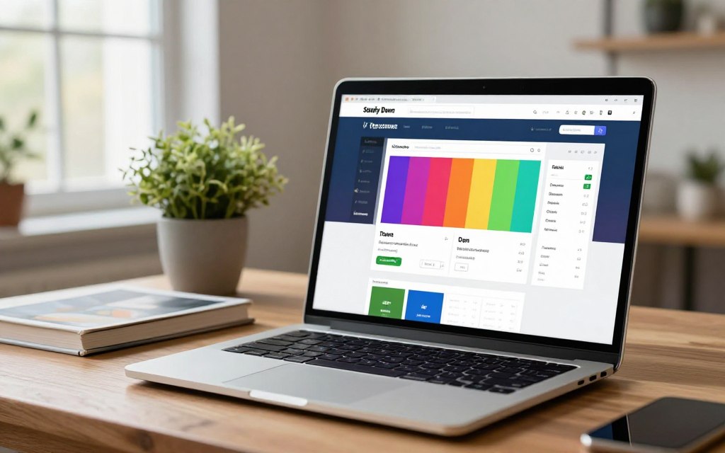 A workspace displaying a computer screen featuring the Shopify Dawn theme customization tools. In the foreground, a sleek laptop rests on a wooden desk, with the Dawn theme interface open, showcasing vibrant color palettes, flexible layout options, and customizable sections. Tools like drag-and-drop elements and typography selections are visible. The middle ground includes a potted plant and essential design books, adding a touch of greenery and creativity. The background shows a cozy room with soft, natural lighting filtering through a large window, casting gentle shadows. The atmosphere is inspiring, evoking a sense of focus and innovation, perfect for entrepreneurs preparing for theme customizations. The scene balances professionalism with a welcoming ambiance.