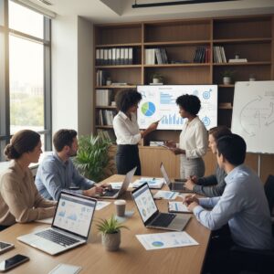 Diverse team of market researchers collaborating on data analytics and strategies in a modern Raleigh office, emphasizing innovation and expertise.