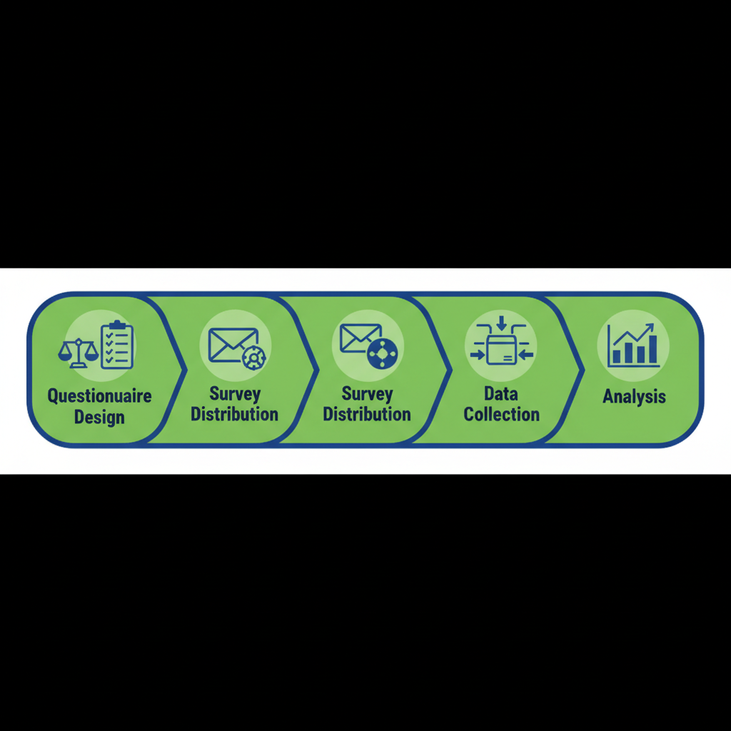 Infographic illustrating four steps of market research survey process: design, distribution, collection, and analysis with icons and charts.