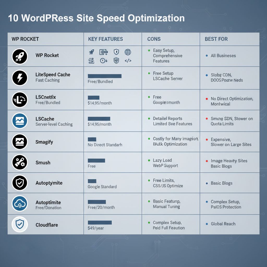 Infographic comparing top 10 WordPress site speed optimization tools with features, pricing, pros, cons, and best uses.