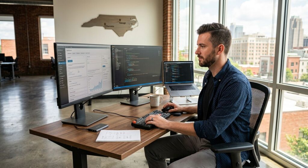 Skilled WordPress developer at work in modern North Carolina office with screens showing custom development tools