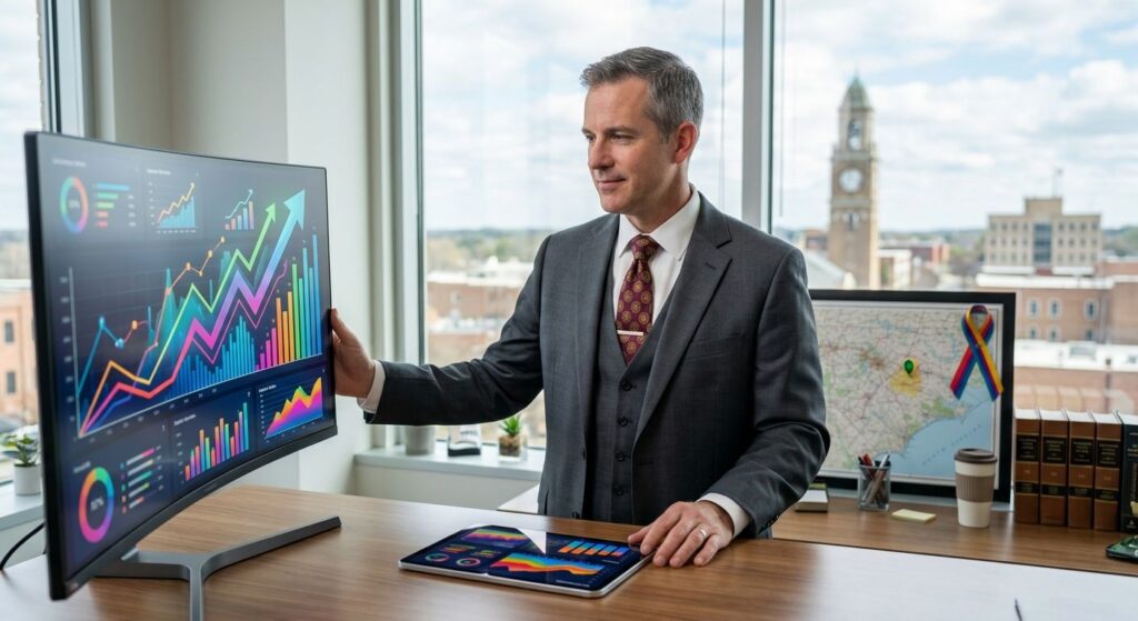 Confident attorney in modern law office reviewing SEO dashboard with upward trends and local Wilson, NC search metrics, professional atmosphere.