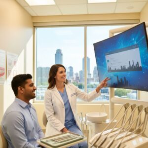 Smiling dentist consulting diverse patient in modern North Carolina dental clinic with digital growth elements and city skyline view