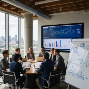 Diverse business professionals in a North Carolina conference room collaborating on SEO strategies with digital screens showing analytics graphs.