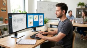 Skilled WordPress developer in modern North Carolina office with dual monitors displaying admin dashboard and planning board, notepad nearby, collaborative background.
