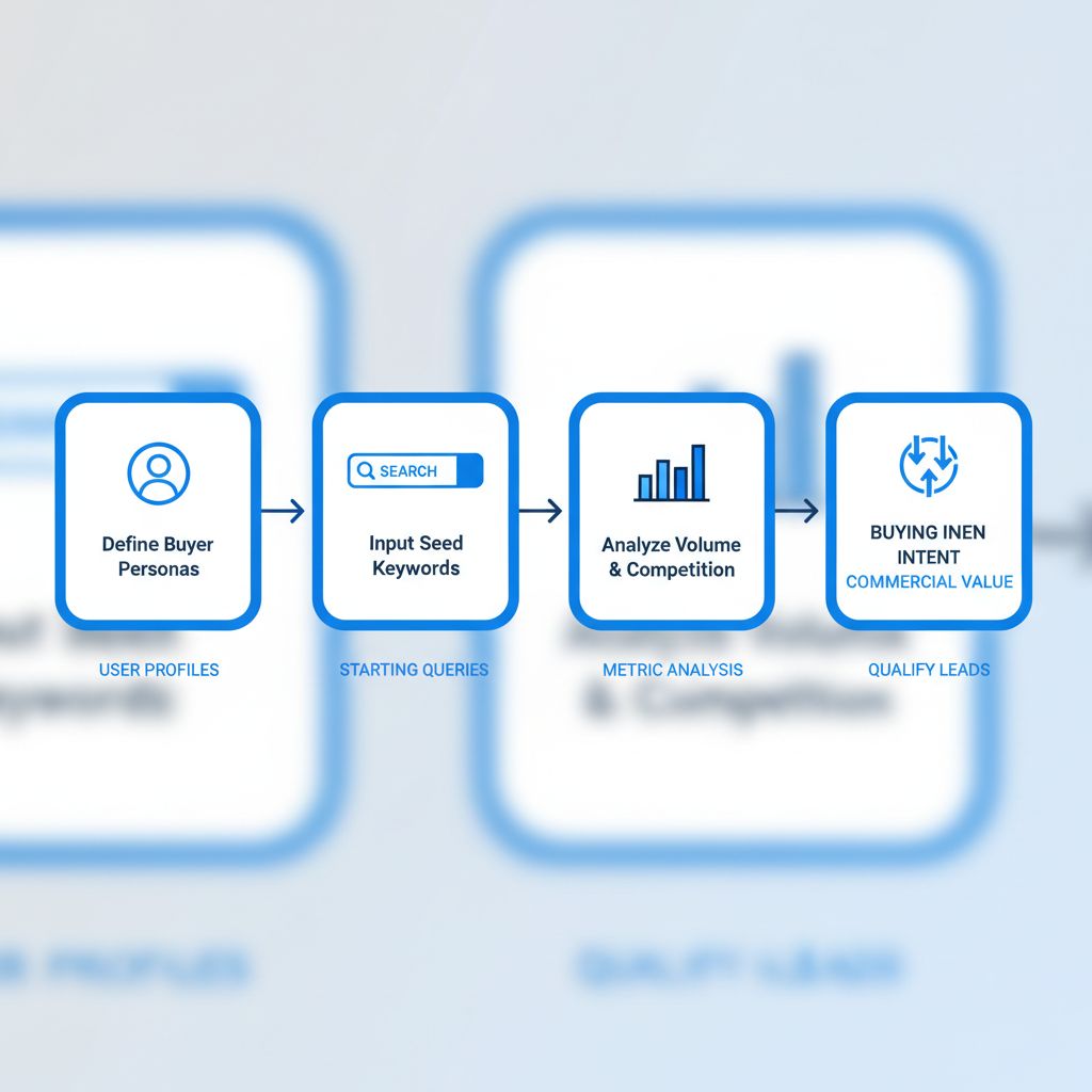 Horizontal process flow illustrating four stages of B2B keyword research: defining personas, inputting keywords, analyzing competition, and filtering intent.