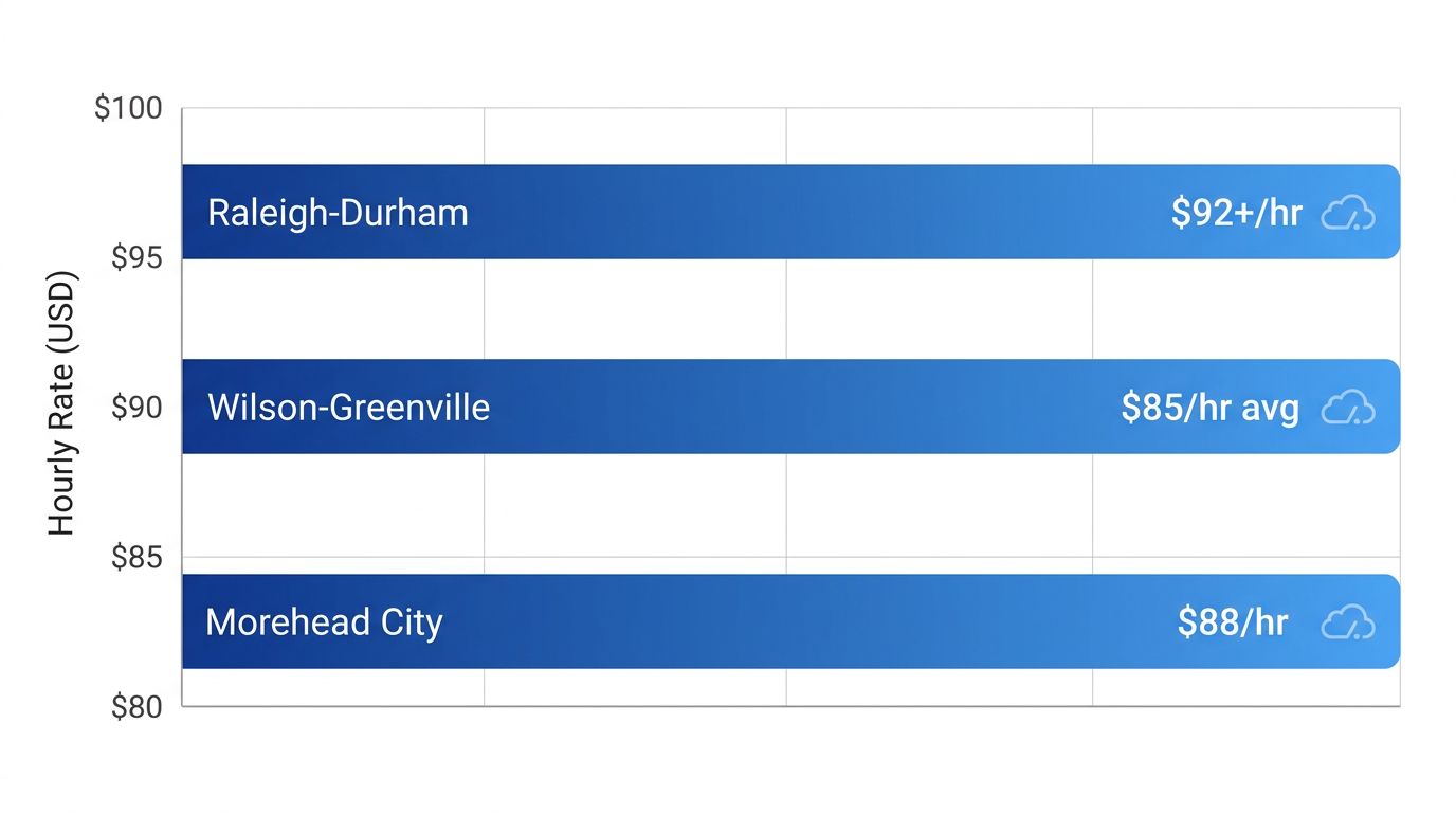 Horizontal bar chart comparing web developer hourly rates in Raleigh-Durham ($92+), Wilson-Greenville ($85), Morehead City ($88) with CloudnBugs icons