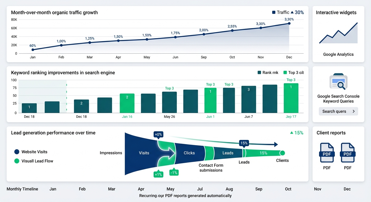 Infographic dashboard showing SEO metrics with line chart for 30% organic traffic growth bar graph for keyword rankings top 3 positions and conversion funnel for 15% lead increase plus analytics icons.
