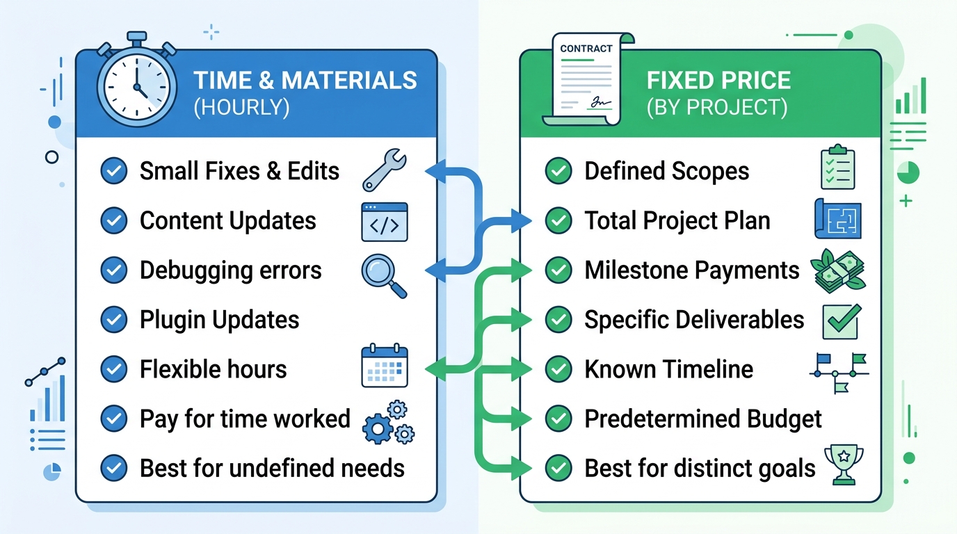 Infographic with two columns comparing WordPress developer hourly model (blue, clock icon, time billed, small fixes) and fixed-price model (green, contract icon, fixed total, defined scopes).