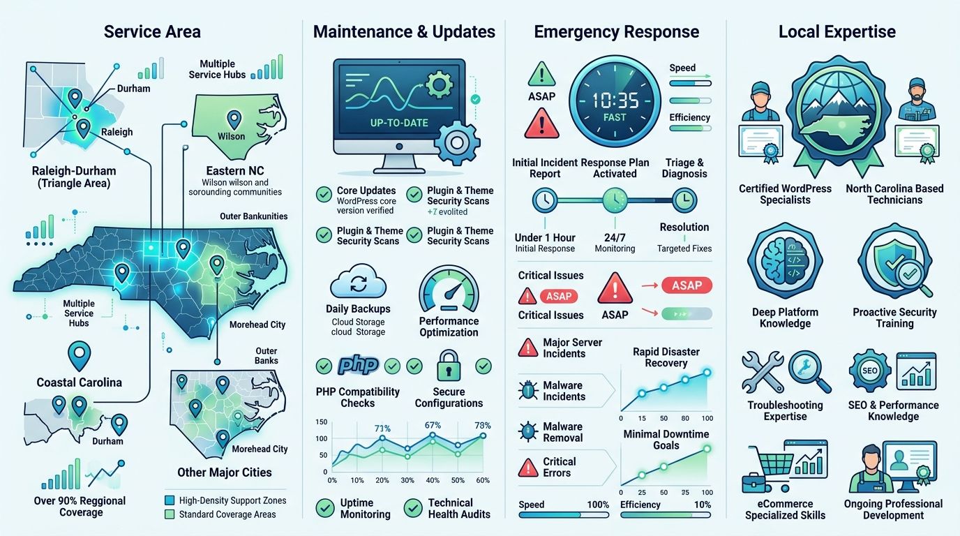 Infographic comparing WordPress support coverage in Raleigh and North Carolina areas including service regions, maintenance, emergency response, and local expertise