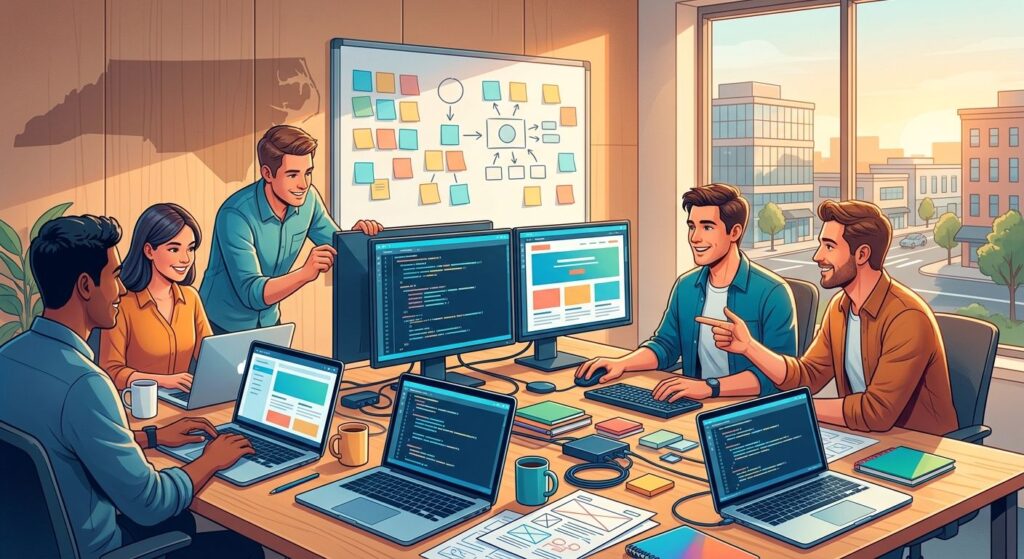 Illustration of web developers and a client collaborating around desks with monitors, code, and sticky notes, with North Carolina map outline in background