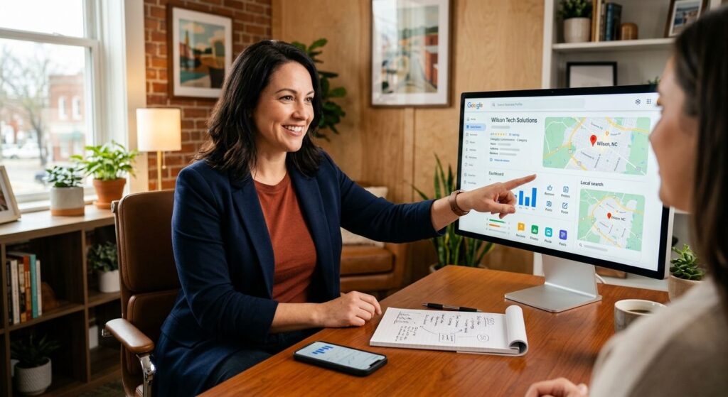 Local SEO consultant in Wilson, NC pointing at a screen with Google Business Profile and local search map, smartphone and notepad on desk