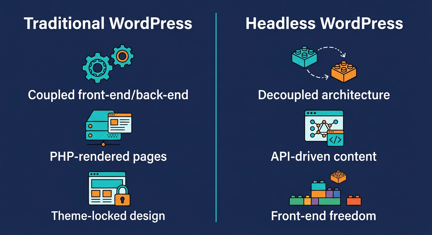 Infographic comparing Traditional WordPress (coupled front-end/back-end, PHP-rendered pages, theme-locked design) with Headless WordPress (decoupled architecture, API-driven content, front-end freedom).