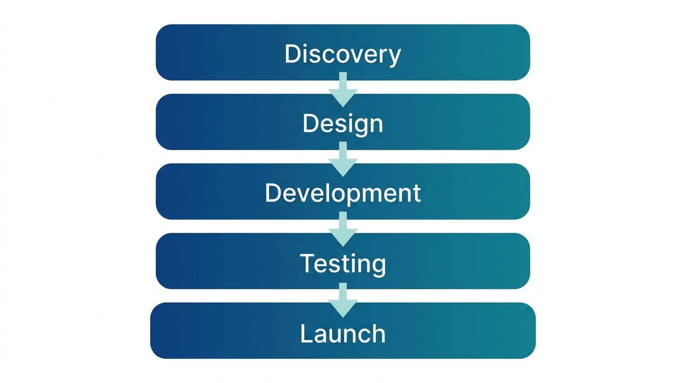 Vertical process flow diagram showing five stages of CloudnBugs website development: Discovery, Design, Development, Testing, and Launch, with blue gradient rounded rectangles and downward arrows on white background.