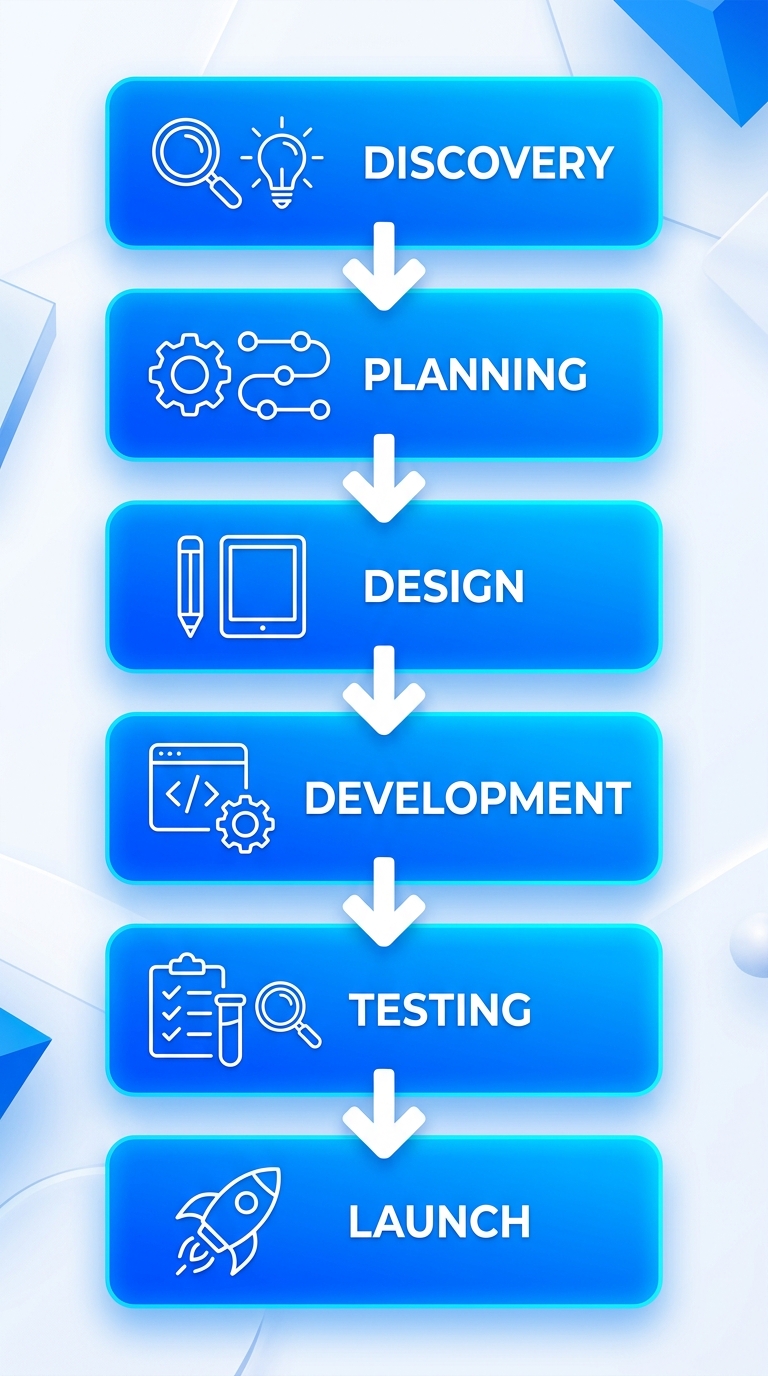 Vertical process flow diagram of a website design project showing six connected stages: Discovery, Planning, Design, Development, Testing, and Launch, with arrows and icons.