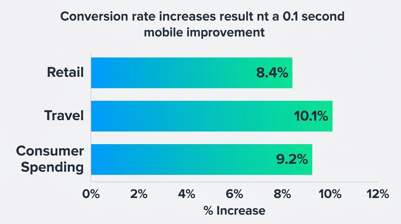 Horizontal bar chart comparing conversion rate increases from a 0.1-second mobile speed improvement: Retail 8.4%, Travel 10.1%, Consumer Spending 9.2%.