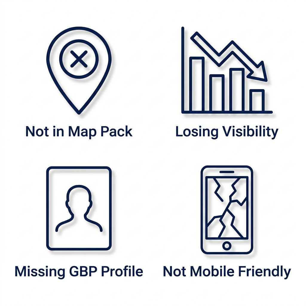 Icon set showing four signs a business needs local SEO: not in map pack, losing visibility, missing GBP profile, and not mobile-friendly
